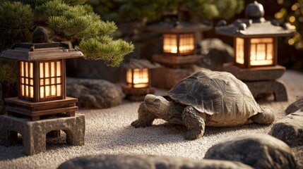A large tortoise strolls through a serene garden with stone lanterns softly glowing, embraced by lush greenery and stone