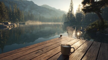 A tranquil lakeside scene at sunrise. Mist rises over the water, reflecting the sun and surrounding mountains; a mug rests on a wooden dock