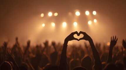 Crowd of Audience at during a concert with silhouette of a heart shaped hands shadow, light illuminated is power of music concert