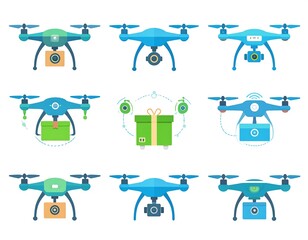 Cartoon illustration featuring multiple colorful flying machines with propellers and cameras; some hold packages