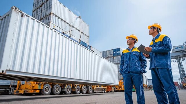 Global Logistics Supervisors: Two logistics supervisors observe the ongoing cargo operations. They stand amid stacked shipping containers, under a radiant sky.