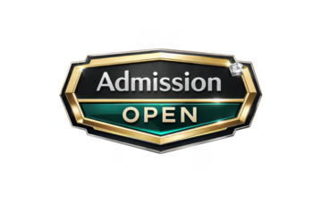 Admission open badge with gold border and green banner, enrollment announcement sign isolated on transparent background
