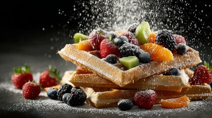 Stacked golden waffles topped with colorful berries, kiwi, and mandarin, dusted with powdered sugar, on a dark surface