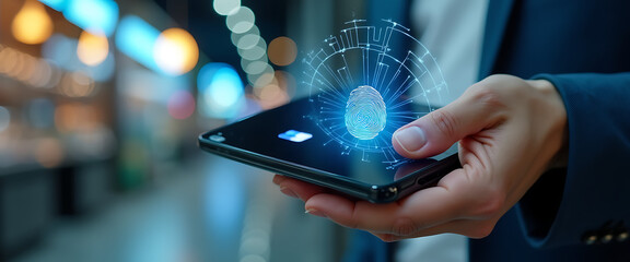 Human hand holding black smartphone displaying futuristic biometric fingerprint scan interface with neon glowing circular