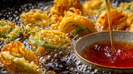 Golden batter-fried vegetable fritters sizzle in hot oil as dipping sauce is poured. The close-up showcases texture and color