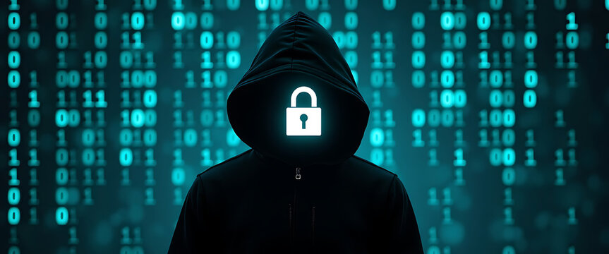 Hacker in black hoodie with digital padlock face symbol standing over glowing binary code matrix background cyber security - Powered by Adobe