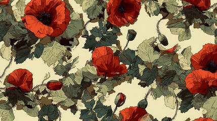 Painted flowers and plants in watercolor and ink linocut style