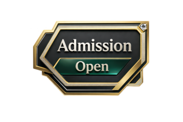 Admission open sign badge with gold frame and green banner, enrollment announcement label isolated on transparent background
