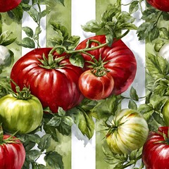 Trendy seamless Summer Tropical Bliss Vacation Seamless pattern with tomatoes and striped background. Acrylic style , Design for fashion , fabric, textile, and all prints