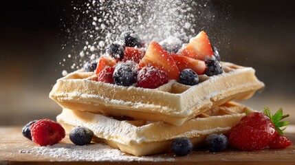 Two golden waffles, piled high with berries, dusted with powdered sugar, and a single strawberry