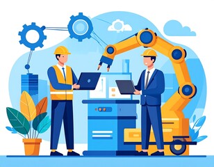Cartoon illustration featuring two engineers using laptops near an industrial robotic arm and connected gear mechanisms, symbolizing technology
