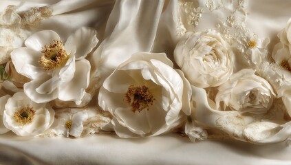 An exquisite abstract illustration of vibrant flowers in shades of blue, white, orange, and red, surrounded by lush green grass, set against a soft gradient background that evokes a sense of serenity.