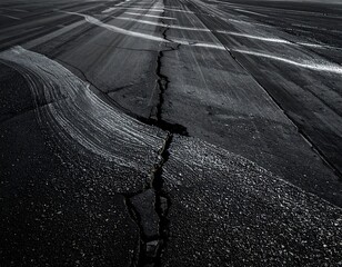 Black and white image of a cracked asphalt surface with long parallel tire tracks. A deep fissure runs down its center