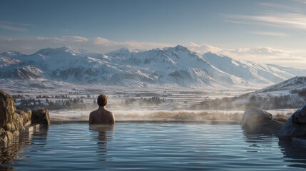 A person enjoys a warm pool's vista, gazing at majestic snow-capped mountains and a frosty valley under a bright sky