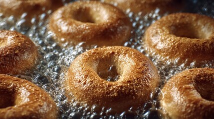 Close-up of golden brown, ring-shaped pastries sizzling in a bubbling, hot liquid. Texture & reflection detail
