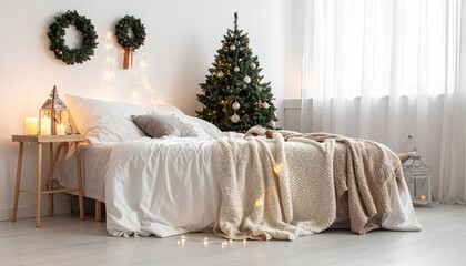 Cozy and Festive Bedroom with Christmas Tree and Beautiful Holiday Decor Accents
