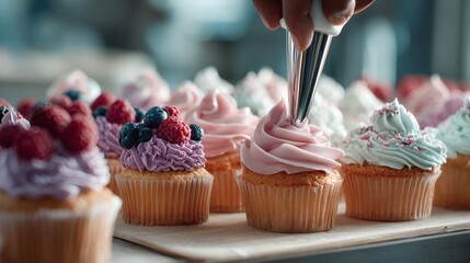 A close-up shows cupcakes being decorated with colorful frosting and fresh berries, focus on piping, with blurred background