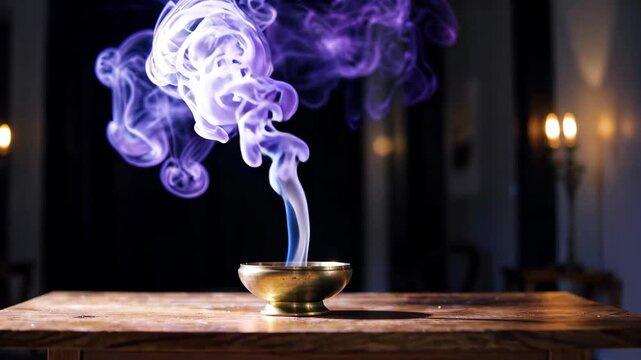 Colorful smoke drifted from the golden bowl on the wooden table