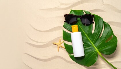 Summer Beach Essentials with Sunscreen, Sunglasses, and Tropical Leaf on Sandy Background