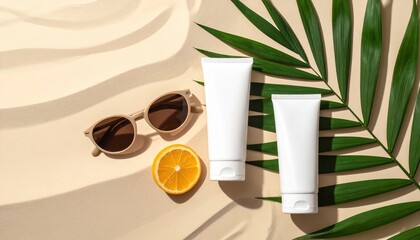 Bright Summer Vibes with Sunglasses, Citrus Fruit, and Skincare Products on Sandy Background