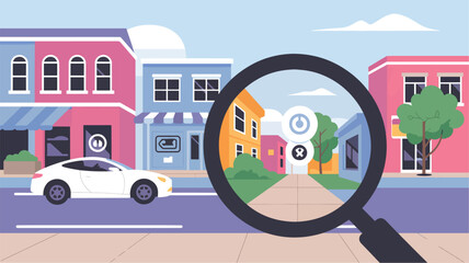 Magnifying glass over street with buildings and car