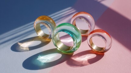 Colorful Glass Rings with Soft Shadows and Light Reflection