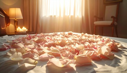 Romantic Bedroom with Rose Petals and Soft Morning Light Illuminating a Cozy Atmosphere