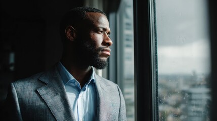 Thoughtful Man in Suit Gazing Out of Window on Rainy Day