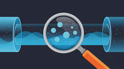 Magnifying glass over blue liquid in transparent pipe