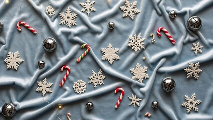 Christmas decorations on gray satin fabric background.