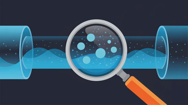 Magnifying glass over blue liquid in transparent pipe