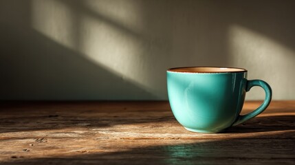 Vibrant teal coffee cup on rustic wooden table with shadows