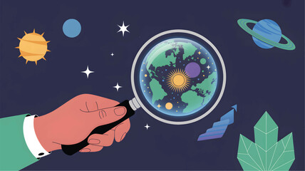 Hand holding magnifying glass over stylized Earth in space