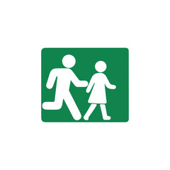 A simple green safety sign depicting a man and a child walking together indicating a safe route