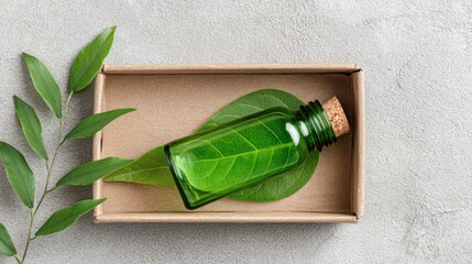 Green Glass Bottle with Cork and Leaves in Simple Brown Box