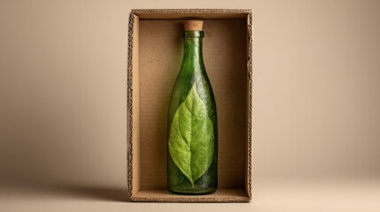 Green Glass Bottle with Leaves Inside Cardboard Box Display
