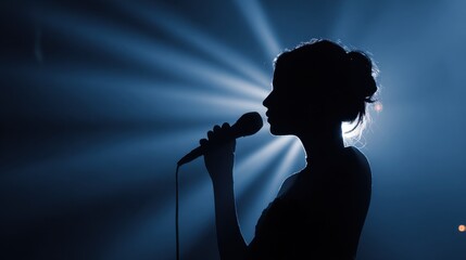 Silhouette of Singer Performing on Stage with Dramatic Lighting Effects