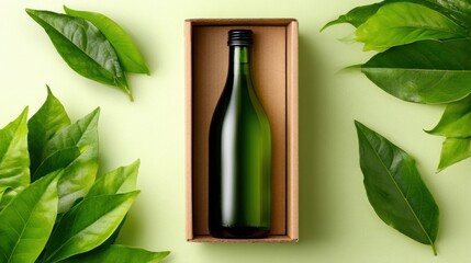 Green Glass Bottle in Box Surrounded by Fresh Green Leaves
