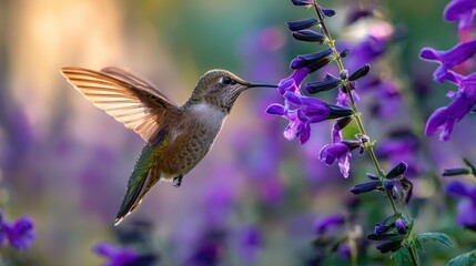 Fototapeta premium Hummingbird Feeding on Violet Flowers with Rays of Light