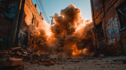 Dramatic Explosion in Urban Alleyway with Dust and Debris Rising