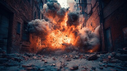 Dramatic Explosion Scene Captured in Urban Environment at Night