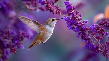 Obraz premium Hummingbird Hovering Near Vibrant Purple Flowers in Nature Scene