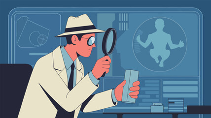 Detective examines object with magnifying glass on futuristic screen