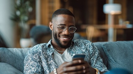 Young Man Enjoying Time on Smartphone While Relaxing at Home