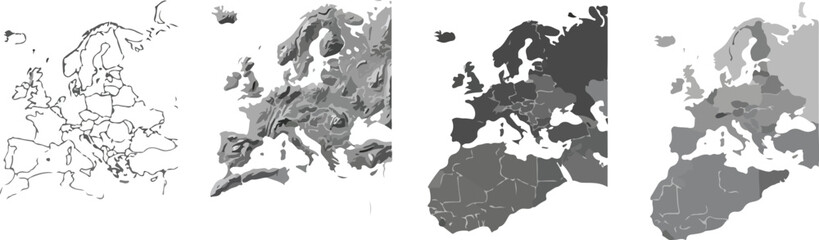 Four Grayscale Vector Maps of Europe Showing Political Borders and Topography