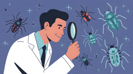 A scientist examines colorful insects with a magnifying glass