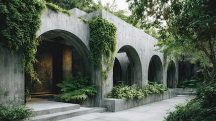 Serene Concrete Architecture Surrounded by Lush Green Foliage