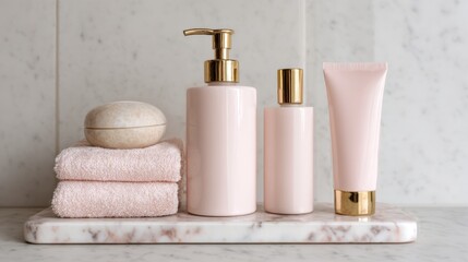 Elegant Pink Bath Products with Gold Accents on Marble Countertop