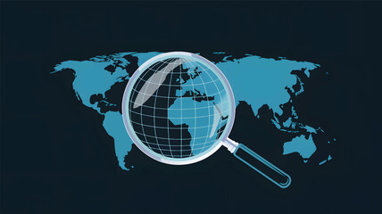 Magnifying glass over blue world map on dark background