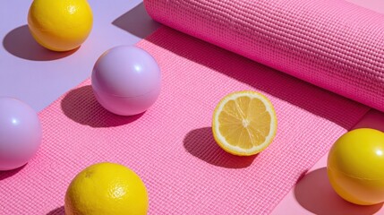 Bright and Vibrant Lemons with Colorful Balls on Pink Background